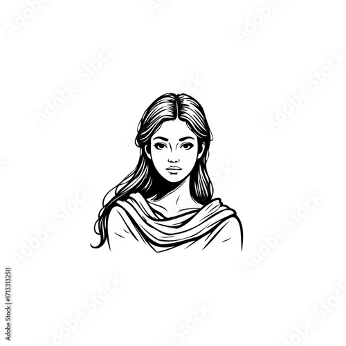 Elegant portrait of a young woman with flowing hair in a simple line drawing illustration vector