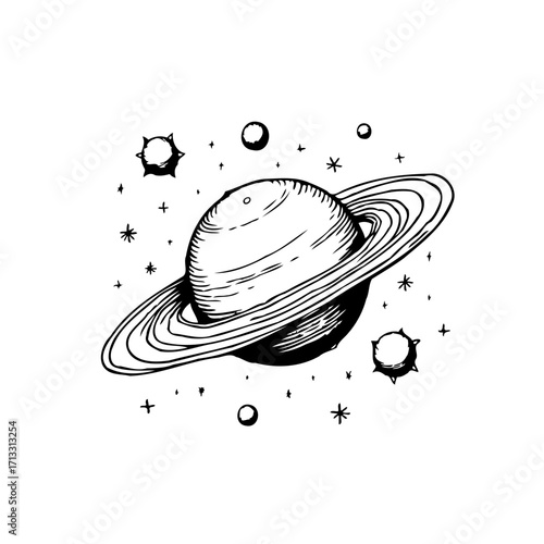Elegant saturn illustration with celestial orbs and cosmic particles showcasing planetary rings