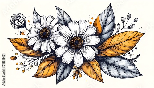 A detailed floral bouquet design, featuring white daisies, intricate leaves in shades of orange and gray, and a soft, elegant mood.