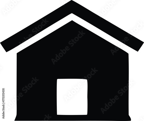 Simple black silhouette of a house with a square window icon for real estate and property services