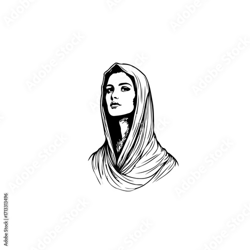 Elegant woman with draped head covering in striking black and white sketch artistic rendition