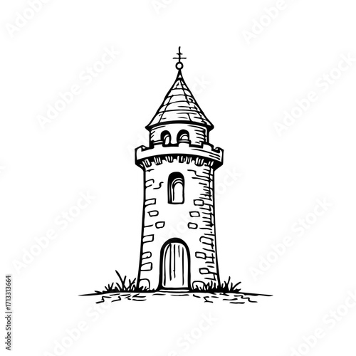 Elegantly sketched medieval tower with pointed roof offering architectural and historical