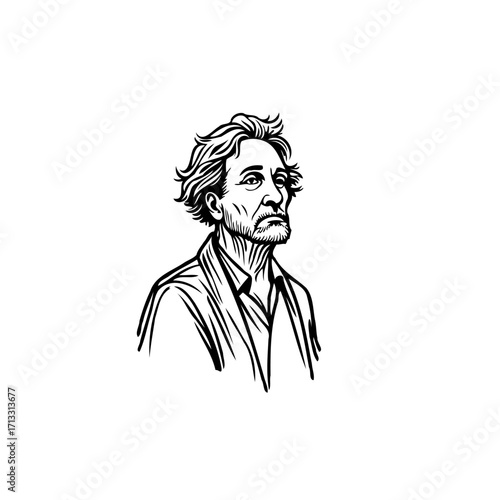 Elegantly sketched portrait of a mature gentleman with a contemplative gaze in artistic monochrome