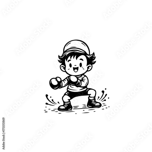 Energetic cartoon boxer, with playful stance embodying determination and youthful spirit with