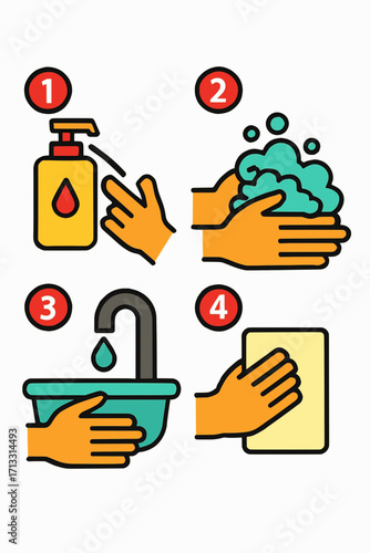 A vector illustration of a handwashing tutorial with numbered steps, solid colors, white background