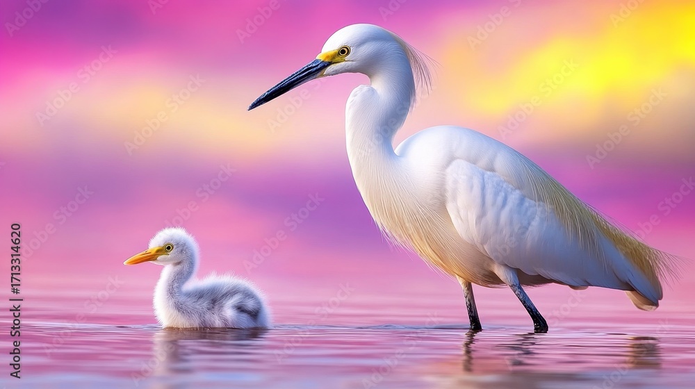 Naklejka premium Majestic White Bird Stands Next to Fluffy Chick in Vibrant Sunset
