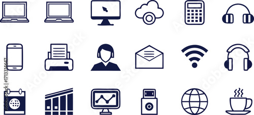Technology and communication icons in navy blue laptop