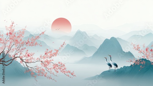A tranquil landscape featuring cherry blossoms, cranes, a setting sun, and misty mountains, showcasing traditional oriental aesthetic.