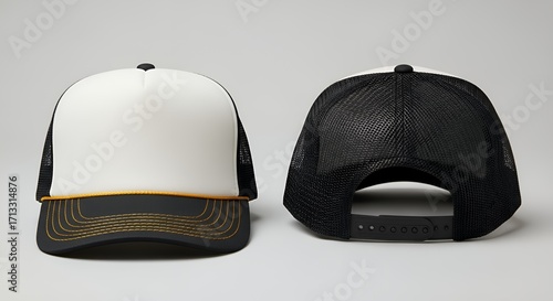 Blank White & Black Trucker Hat Mockup, Front & Back Views