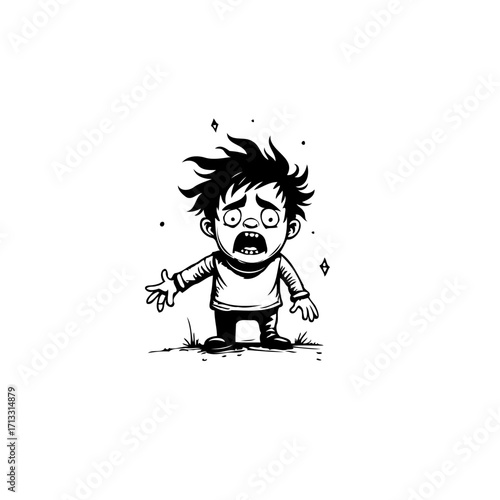 Expressive cartoon depiction of a startled boy with disheveled hair conveying emotion and shock