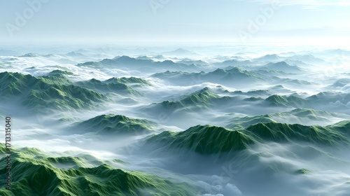 An aerial view showcases misty green mountain ranges with layers of clouds, presenting a serene natural landscape.