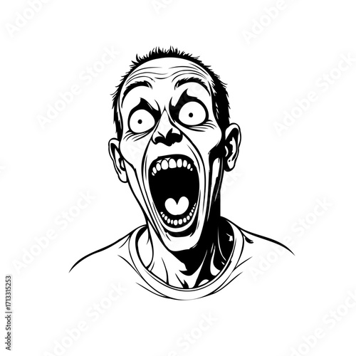 Expressive monochromatic illustration depicting a wide-eyed person screaming loudly with