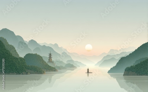 A tranquil landscape featuring a river, mountain range, a tower, and a setting sun, showcasing natural beauty and calmness.