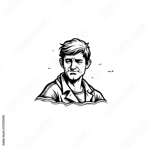 Expressive monochrome portrait of a man emerging from water with contemplative gaze artistic