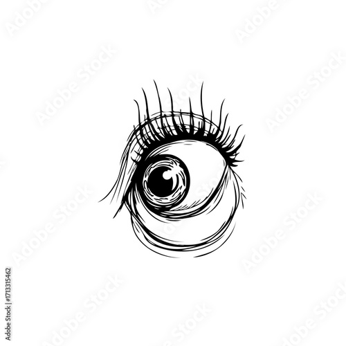 Expressive single eye with stylized lashes and flowing lines creates a unique visual perception