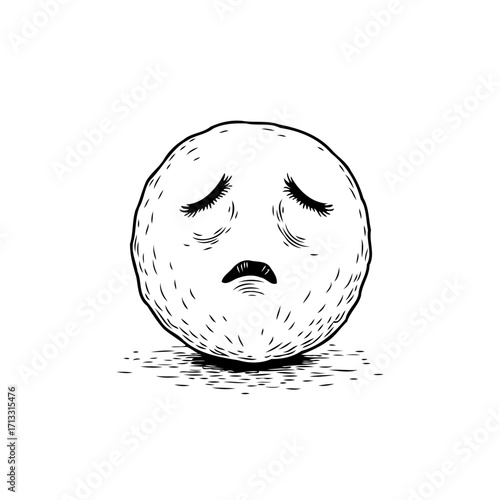 Expressive spherical character conveying melancholy through downcast eyes and furrowed brow in