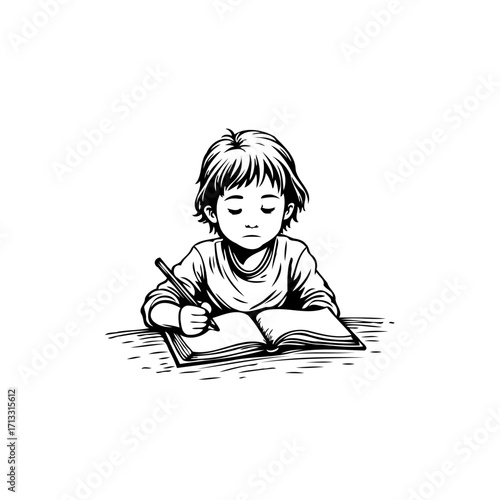 Focused young child engrossed in writing a story filling open book with concentration illustration