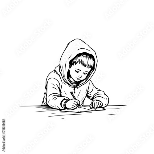 Focused young scholar engaged attentively drawing lines and shapes on paper while wearing a hoodie