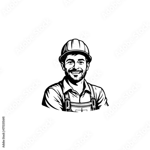 Friendly construction worker portrait with hard hat offers welcoming smile and engaging demeanor