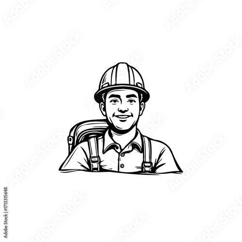 Friendly construction worker illustration with hardhat and backpack showcases a smiling