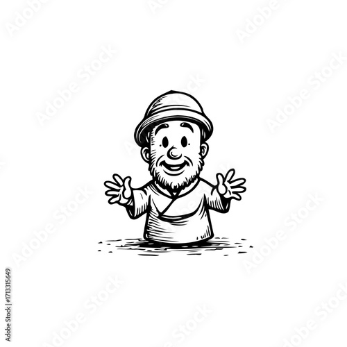 Friendly cartoon character with a beard wearing a hat smiling and extending his arms warmly