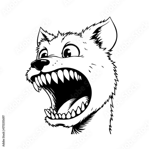Furious cartoon wolf head with open mouth displaying sharp teeth in black and white monochrome