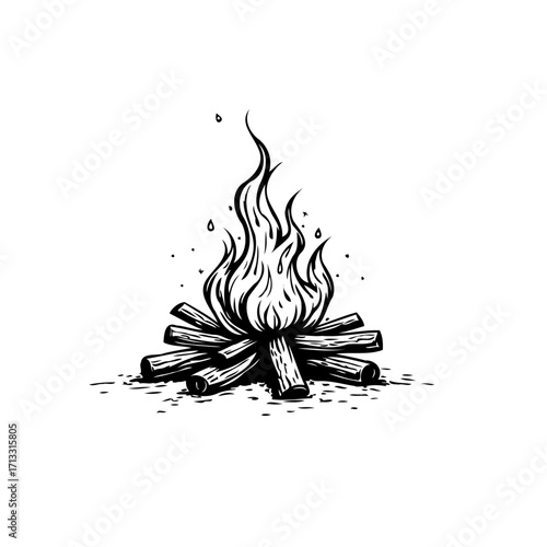 Hand drawn campfire illustration, wood burning with flames, providing warmth and light for outdoor