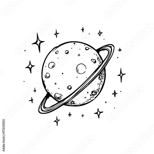Hand drawn celestial body illustration, cosmic sphere with planetary rings and gleaming stars