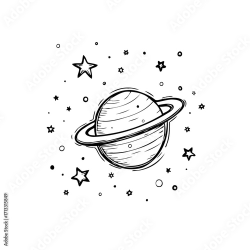 Hand drawn celestial illustration of a ringed planet surrounded by twinkling stars in a minimal