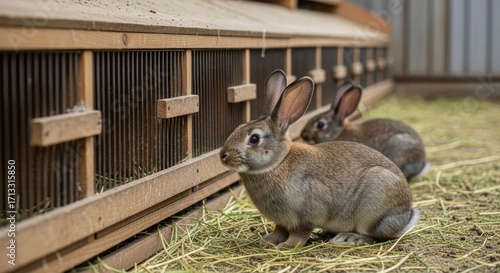 Domestic Rabbits Near a Traditional Wooden Hutch on a Farm