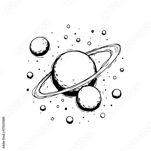 Hand drawn cosmic illustration showcases a ringed planet surrounded by celestial objects and