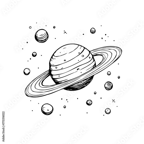 Hand drawn planet illustration with a ring system and scattered celestial objects creating a