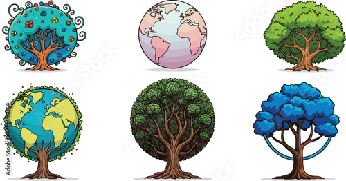 Creative earth trees and globe illustration, environmental vector artwork, ecological nature concept, sustainable planet design, green earth eco friendly background.