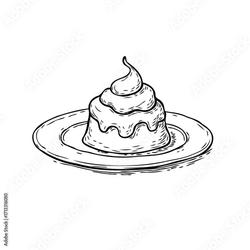 Hand drawn sketch of a pastry dessert on plate illustrating culinary delight for cookbooks and cafes