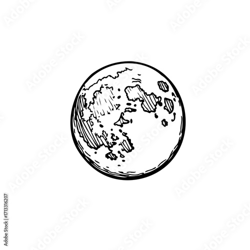 Hand-drawn illustration of the moon with its craters and textured surface provides astronomical