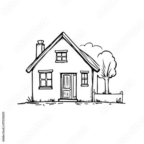 Hand-drawn whimsical cottage illustration showcases serene home with tree, chimney, and charming