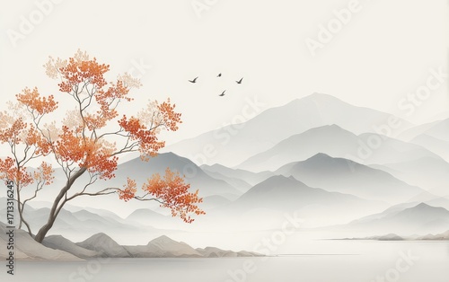 A picturesque landscape featuring a tree with orange leaves, misty mountains in the background, and birds flying in the sky.
