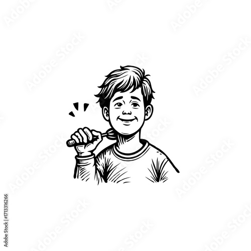 Happy child holding a fork in hand and enjoying meal with cheerful expression, perfect for food