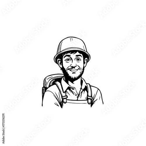 Happy construction worker portrait showcasing safety gear and a welcoming smile on a bright white