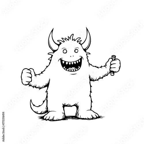 Humorous horned monster illustration features happy expression and tiny club for playful or