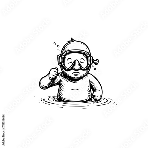 Humorous underwater adventurer illustration shows a determination diver character exploring the