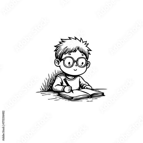 Illustrated child engrossed in homework with glasses writing diligently in open book artwork