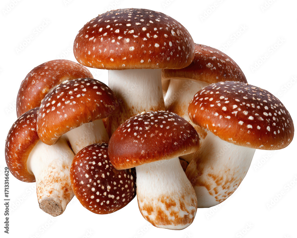 Obraz premium Fresh brown shiitake mushroom group isolated for culinary use. Healthy organic food ingredient for gourmet cooking, providing savory and wholesome eating experience