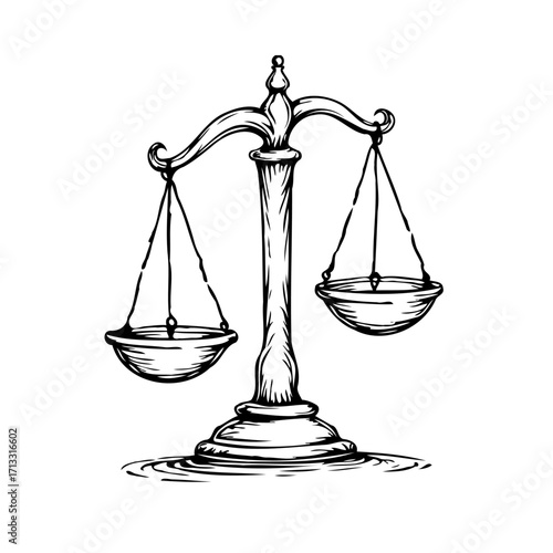Illustration of a balanced scale depicting legal justice fairness system integrity and