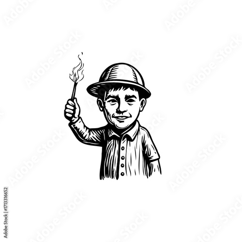 Illustration of a boy with a vintage hat holding a burning matchstick aloft with confidence and joy