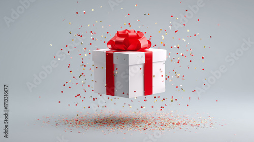 Floating gift box with red ribbon and confetti.