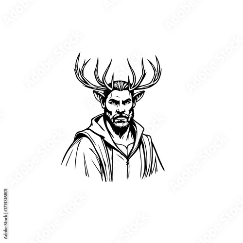 Illustration of a man with antlers blending human and animal features for fantasy concept