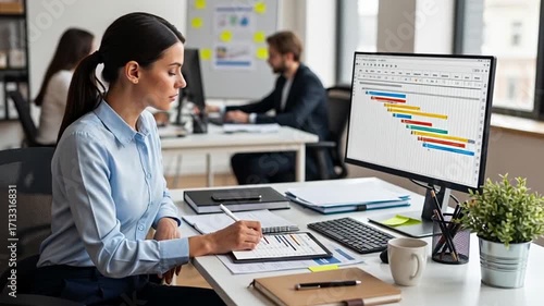 Woman Analyzing Project Timeline in Modern Office Setting