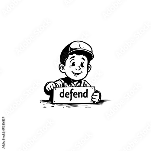 Illustration of a smiling boy wearing a hat holding a sign that says defend illustration