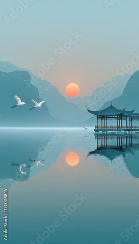 A serene landscape featuring a traditional pavilion by the water, with flying birds and a setting sun reflecting on the calm surface.